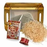 Cesto Regalo in Cartone Oro 35x27x10cmcm + Nastro da Regalo+ Biglietto Auguri 19cm + Paglia Naturale 50gr + Foglio Trasparente Cellophane - Kit Confezione Cesto Regalo Fai da Te