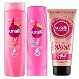 Sunsilk Scintille di Luce Shampoo Illuminante per Capelli Spenti e Crespi 250ml + Balsamo Active-Fusion Effetto Seta 200ml + Trattamento Intensivo 1 Minute Wow Shine Complex 180ml - 3 Prodotti