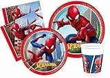 Kit Party Tavola Marvel Spider-Man Crime Fighter per 24 persone (112 pezzi: 24 piatti carta Ø23cm, 24 piatti carta Ø20cm, 24 bicchieri plastica 200ml, 40 tovaglioli 33x33cm)