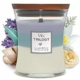 Woodwick Hourglass Trilogy Candela Profumata Media Con Stoppino Scoppiettante, Rifugio Di Pace, Fino A 60 Ore, Multicolore (Ritiro calmante), Medio