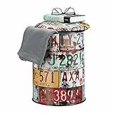Relaxdays Pouf con Contenitore, Vintage, Colorato, Motivo Decorativo Collage Targhe Auto, Coperchio, Multicolore, HxD: 44 x 32 cm