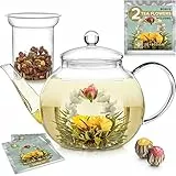 Teabloom Set Teiera in Vetro con Infusore - Capacità 4-5 Tazze - Perfetta per Tè Sfuso o Fiori di Tè - 2 Fiori di Tè Inclusi (Teiera 1200 ml)