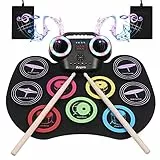 Anpro Batteria Elettronica, 9 Praticare Drum Pads con 2 Bacchette Pedali, Schermo LED, Portatile Tavolo Pieghevole Digitale Tamburo Set, Adatto a Bambini, Adulti e Principianti, Regalo di Compleanno