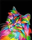 WISKALON Senza Cornice Dipingere con i Numeri per Adulti Bambini DIY Dipinto con i Numeri Kit su Tela - Gatto Colorato 16 * 20 Pollici Tela di Lino