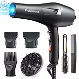 HappyGoo Asciugacapelli professionali ioni 2400W Phone con 1 diffusore 4 ugelli styling, cavo di alimentazione lungo 2.5 metri, Phon forte per la famiglia, salone di capelli, Parrucchieri, nero