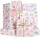 Larcenciel Carta da Regalo 4 Fogli, Arcobaleno/Pois/Motivo a Cuore Carta da Regalo con Etichetta, Carta da Pacchi Colorata, Carta da Imballaggio per Compleanno, Baby Shower (70 x 50 cm)