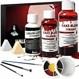 Halloween Sangue Finto Set, 60ml Sangue Finto Fresco, 50ml Sangue Finto Rosso Scuro, 30ml Lattice Liquido, 6 Colori di Pittura Viso, Lavabile, Trucchi Halloween, per Halloween, Carnaval Trucco