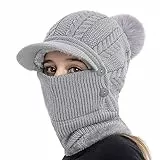 TOEECY Berretto Invernale da Donna Set di Cappelli e Scaldacollo in Maglia Calda Spesso Pom Pom Cappello Lavorato Flessibile Maschera per Il Viso Regolabile per Sci Sport All'aperto (Grigio)