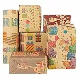 ADAKEL 6 Fogli Carta Regalo, Carta Regalo Compleanno Kraft Riciclata Carta da Imballaggio Vintage Carta da Regalo Pacchi Confezione per Anniversari Regali Feste, 70 x 50cm