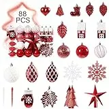 Set di 88 Palline di Natale - Accessori Decorativi per L'Albero di Natale - addobbi Natalizie in Rosso e Bianco - Diverse Forme di Palline ed Un Puntale per Albero di Natale