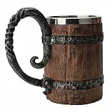 Boccale da birra vichingo, boccale da birra in botte di legno imitazione vintage da 550 ml, boccali per bevande, bicchieri in acciaio inossidabile a prova di perdite con manico, boccale da birra a dop