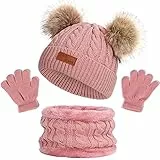 NLAND Cappello Lavorato a Maglia per Bambini Cappello Lavorato a Maglia con Guanti Sciarpa Cappello Bambini Ragazze Doppio Pompon Cappello per Bambini Morbido E Caldo(Rosa#1，Taglia Unica)