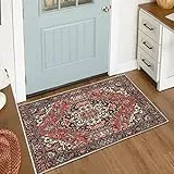 KIMODE Tappeto da bagno vintage bohémien per interni, 60 x 90 cm, lavabile, a pelo basso, morbido e antiscivolo, motivo floreale, per camera da letto, cucina, ingresso