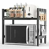 Glovios Estensibile Mensola Microonde Scaffale da Cucina, Ripiani per Microonde con 6 Ganci, Porta Microonde Salvaspazio (Nero)
