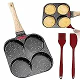Delamiya Padella per uova, pancake, a 4 fori, antiaderente in alluminio con manico in legno isolato, padella per pancake, padella per uova a gas, nero