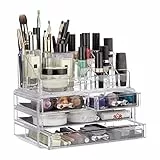 Relaxdays Organizer Make-up, Contenitore con Porta-Rossetti e 4 Cassetti, Acrilico, Beauty Box Salvaspazio, Trasparente, 13.5 x 24 x 19 cm