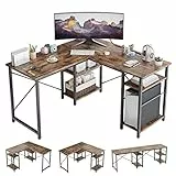 Bestier Scrivania a forma di L con ripiani, reversibile, 120 cm, industriale, lunga 240 cm, scrivania stabile, postazione di lavoro per computer a forma di L con 2 fori per cavi, Marrone Rustico.