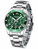 MEGALITH Orologio Uomo Acciaio Cronografo Orologi da Polso Elegante Impermeabile Analogico Grande Luminoso Quadrante Data Orologio Business Casuale Design - Argento Verde