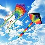 Aihomego, aquiloni per bambini e adulti, confezione da 2 grandi aquiloni arcobaleno Delta e enorme aquilone colorato con diamanti, volano facilmente in caso di vento forte o leggero