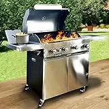 Barbecue a Gas Pietra Lavica 4 Fuochi + Fornello e Piano Laterali Doppia Griglia
