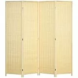 HOMCOM Paravento da Interno a 4 Ante in Legno e Bambù, Separé Divisorio Pieghevole Salvaspazio Altezza 180cm Stile Boho, Colore Naturale