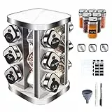 FDGAUCA porta spezie per cucina Con 12 vasetti quadrati per spezie da 120 ml, girevole portaspezie con etichette pennarello e imbuto a 360° in acciaio inox spezie portaspezie