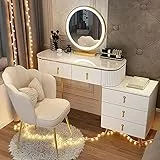 Tavolo da trucco con specchio illuminato a LED e sgabello imbottito e armadietto laterale, scrivania da toeletta, scrivania da toeletta, set da toeletta, gambe in acciaio inossidab