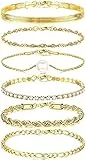 Milacolato 6Pcs Catena Bracciali Set per Le Donna Regolabile Moda 18K Placcato Oro Delicato Acciaio Inossidabile Torsione Figaro Spina di Pesce Catena Cubic Zirconia Link Bracciale Gioielli Oro