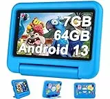Oangcc 2023 Tablet Bambini 7 Pollici Android 13, 7GB RAM+64GB ROM (TF 1TB), WiFi 6 BT 5.0, Octa-Core, Google GMS | Controllo Parentale | Doppia Fotocamera | GPS | Tablet con Custodia EVA - Blu