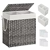 SONGMICS Cesto Porta Biancheria Intrecciato a Mano, 110L, Cesta in Rattan Sintetico Pieghevole con Coperchio e Manici, Sacco Interno Rimovibile, per Vestiti Differenziati, Grigio LCB52WG