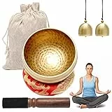 Campana Tibetana, 6 Pizze Set con Campana Tibetana con Battente a Doppia Superficie e Cuscino di Seta, 2 Campane Viene fornito Sacchetto per Yoga, Meditazione e Relax