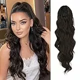 FESHFEN Extension Coda Capelli Lunga Posticci per Capelli Ondulati Ricci Coda Cavallo Capelli Extensions Finta per Donne, Marrone Molto Scuro 60 cm