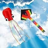 ZoomSky Contenuto 2 pezzi Grandissimo aquilone acrobatico Delta e aquilone rosso a forma di polpo con coda lunga e multicolore per giochi all 'aperto per bambini eventi e gite in spiaggia
