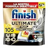 Finish Ultimate PLUS Infinity Shine Pastiglie Lavastoviglie al Limone, 105 Capsule Lavastoviglie, Pastiglie per Lavastoviglie con Scudo Protettivo contro lo Sporco e i Residui Incrostati