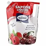 Milmil Sapone Liquido Piccoli Frutti, Fragranza Amarena & Lampone, Formato Ricarica Busta, Sapone Mani, Viso e Corpo, Dermatologicamente Testato - 900 ML