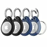 Biuupa 4 Pezzi Portachiavi AirTag - Porta Airtag per Apple, Chiavi Zaini e Animale in TPU Antiurto e Antigraffio con Cover Frontale, 360°Custodia AirTag, Mantiene Forte il Segnale-Nero+Blu