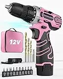 Trapano Avvitatore Batteria 12V, Rosa, Max 25Nm, 2.0Ah Batterie, 18+1 Impostazione Coppia, LED Luce, 15 Accessori, 10mm Mandrino Autoserrante, Per Riparazione e Fai da te, Donne