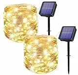 owwasd [2 pezzi Catena luminosa solare per esterni, 14 m, 120 LED, per esterni, resistente alle intemperie, per balcone, alberi, terrazze, matrimoni, feste, giardino (Bianco caldo)