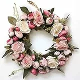 LinTimes Ghirlanda per porta, da parete, realizzata a mano, decorazione floreale artificiale per casa, feste, porte, matrimoni – rosso rosa