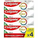 Colgate Dentifricio con Ingredienti Antibatterici Total Original 4 Confezioni da 100 ml I 24h di Protezione di Denti, Lingua, Guance e Gengive I Rimuove la placca I Rafforza e Ripara lo smalto**