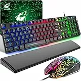 Tastiera e Mouse Gaming con Poggiapolsi, USB Cablato Layout Italiano QWERTY Tastiera Retroilluminato a LED Colore Arcobaleno, Mouse 6 Tasti 2400 DPI e Tappetino per Mouse per Giochi per PC, Nero