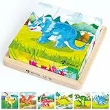 Japace Puzzle di Legno, Puzzle Cubi Legno Bambini, 3D Puzzle Dinosauri per 2 3 4 Anni, Educativi Animale Puzzle Regalo Compleanno per Ragazzo e Ragazza
