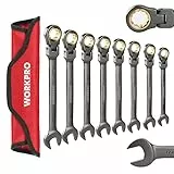 WORKPRO Set di Chiavi a Cricchetto 8 Pezzi, Chiavi Combinate 9-17mm, Chiavi Inglesi 72 denti ad angolo regolabile a 180°, con Custodia Portatile in Tela