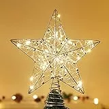 Lewondr Punte di Albero di Natala a Forma di Stella a Cinque Punte in Metallo con Base Spirale, Puntale dell'Albero di Natale, Avvolte dalle Catene di Perline e con Luci Integrate Calde, Argento