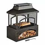Relaxdays Focolare da Giardino in Acciaio, Caminetto da Terrazza con Attizzatoio, Braciere con Parascintille, Nero