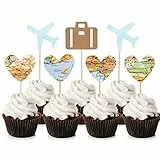 Unimall - Set di 24 decorazioni per cupcake per aerei da viaggio, motivo: mappa a cuore, colore: rosa