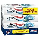 Aquafresh Dentifricio Tripla Protezione, Denti Forti, Gengive Sane, Smalto Forte, Alito Fresco, Gusto Menta Fresca, Pacco da 12 Dentifrici x 75ml