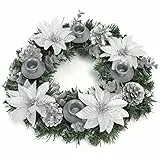 LinTimes Corona dell'Avvento per Natale, 13 pollici, ghirlanda artificiale da tavolo con candela, palline di Natale, fiori di Natale ed eucalipto dorato, argento