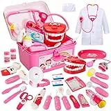 BUYGER Set Valigetta Dottoressa Bambina, 3 in 1 Kit Medico Dentista Infermiere Giocattolo per Bambini, con Stetoscopio e Camice Dottore, Gioco di Ruolo per Bambini 3 Anni, Rosa