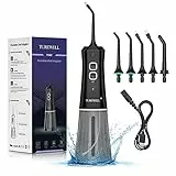 TUREWELL Idropulsore Dentale Portatile Con cavo elettrico, Irrigatore Professionale con 5 Multifunzionali Ugelli, IPX7 Impermeable 250 ML Water Flosser per Casa e Viaggi, Nero